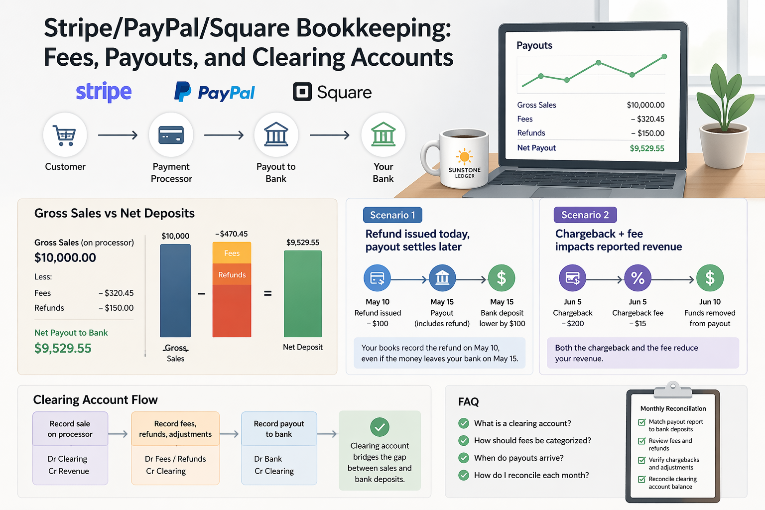 Stripe PayPal Square bookkeeping fees and payouts