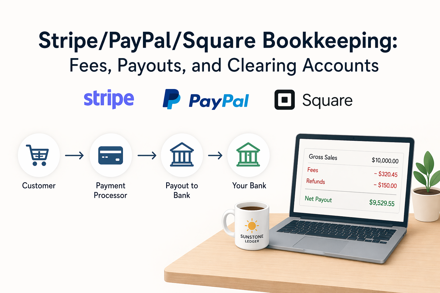 Stripe PayPal Square bookkeeping fees and payouts